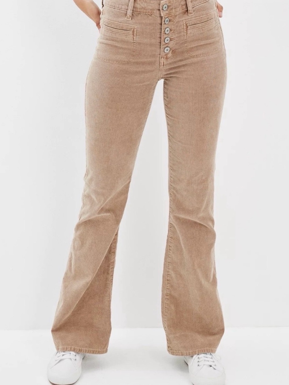 American Eagle Outfitters Super High-Rise Flare Corduroy Pants in Light Tan 10
